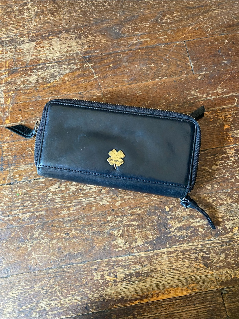 Lucky Brand Black Leather Zip-Around Wallet with Gold Clover Logo USED